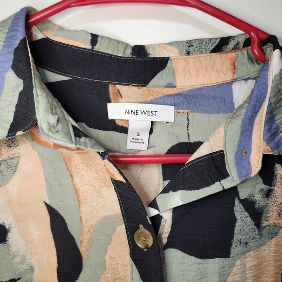 Nine West Patchwork Midi Dress Small Belted Long Sleeve Button Down Collared - Picture 5 of 13